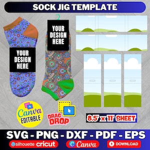 May include: A sock jig template featuring two patterned socks and design placeholders. The template includes design elements for Canva, drag and drop functionality, and various file formats. The text "SOCK JIG TEMPLATE" is at the top.