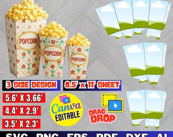 Popcorn Box Template, Party Favor Box SVG, Canva Editable (Digital Download)