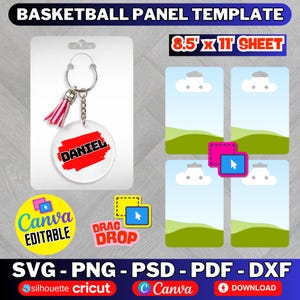 May include: Basketball panel template with a keychain featuring the name "DANIEL" in red on a clear, round tag. The template includes graphics for Canva, and is an 8.5 x 11 inch sheet. The design is available in SVG, PNG, PSD, PDF, and DXF formats.