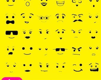 May include: A collection of black and white cartoon face designs with various expressions, including smiling, angry, and surprised faces, set against a bright yellow background. The image includes the text "cricut silhouette SVG - PNG - EPS - DXF - AI".