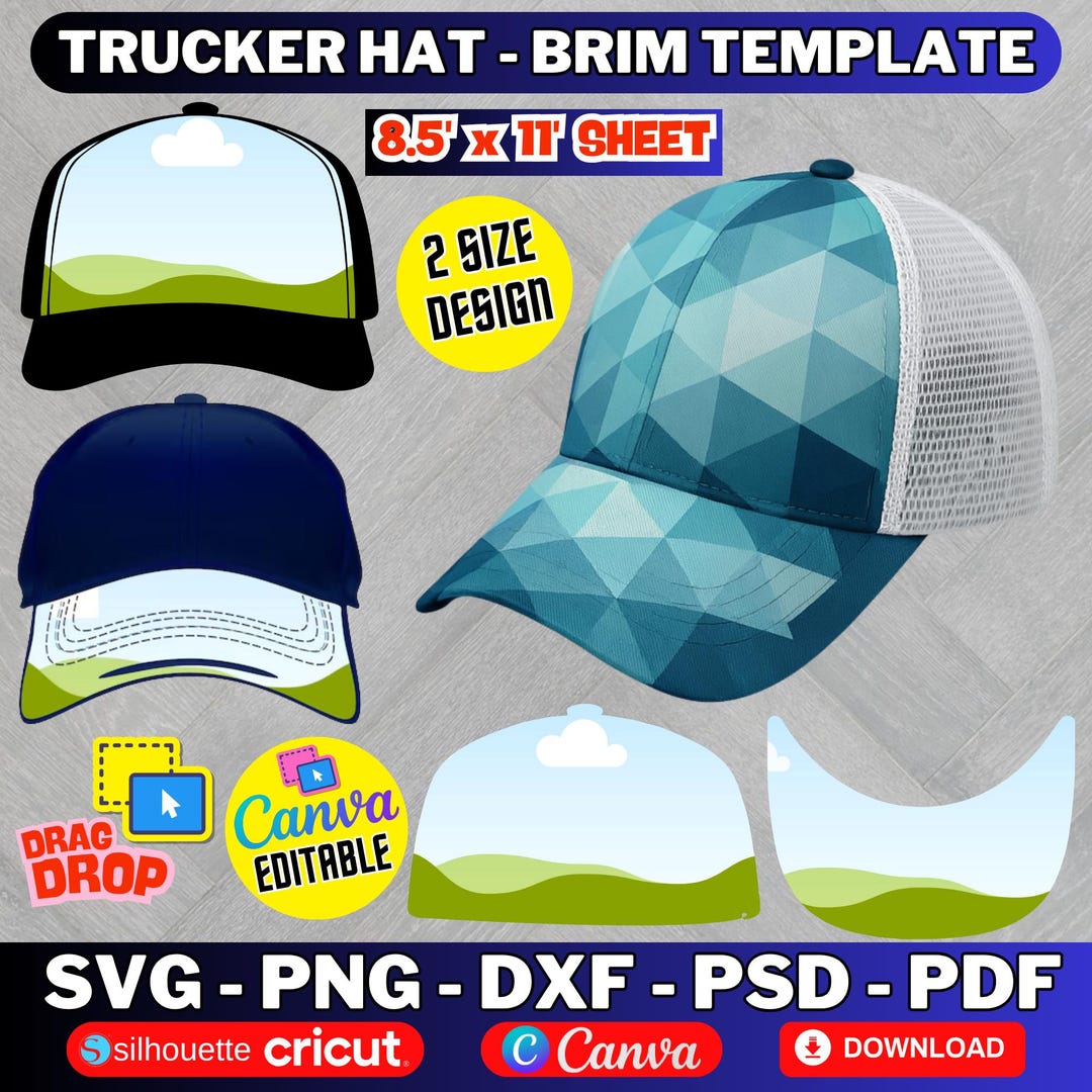 Baseball Cap Template.pdf Trucker Hat Brim Template, Baseball Cap, Canva Editable (digital ...