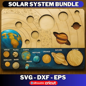 May include: Wooden solar system puzzle with planets and their names. The puzzle features a light brown wooden base with cutouts for the planets, and a dark blue base with planet names. The text "SOLAR SYSTEM BUNDLE" is at the top.