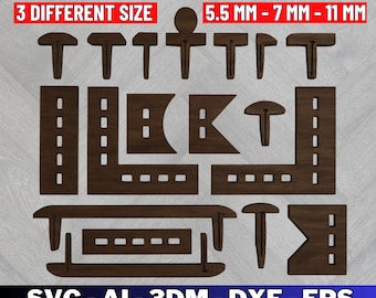 May include: A collection of dark brown honeycomb bed pins in various shapes and sizes. The image includes text that reads "HONEYCOMB BED PINS TEMPLATE", "3 DIFFERENT SIZE", and "5.5 MM - 7 MM - 11 MM". The image also includes the text "SVG - AI - 3DM - DXF - EPS".