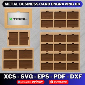Puede incluir: Una colección de plantillas de grabado de tarjetas de visita metálicas. Las plantillas son de material marrón claro con inserciones marrón oscuro. El texto "METAL BUSINESS CARD ENGRAVING JIG" está en la parte superior. El logotipo de XTOOL es visible. El texto "XCS - SVG - EPS - PDF - DXF" está en la parte inferior.