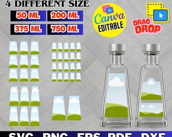May include: A tequila label template with the text "TEQUILA LABEL TEMPLATE" and "4 DIFFERENT SIZE". The template includes four different sizes: 50 ml, 200 ml, 375 ml, and 750 ml. The design is editable in Canva and available in SVG, PNG, EPS, PDF, and DXF formats.