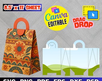 Plantilla de bolsa de regalo con asa, bolsa de papel SVG, editable en Canva (descarga digital)