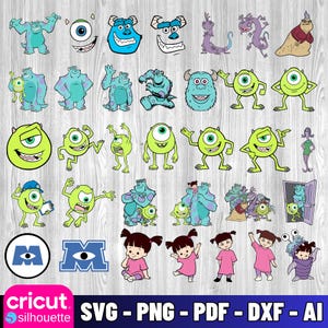 May include: A collection of colorful Monsters, Inc. character designs, including Mike Wazowski, Sulley, and Boo. The image also features the Monsters, Inc. logo and the text "SVG - PNG - PDF - DXF - AI".