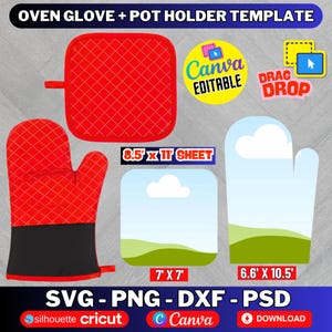 May include: Red oven mitt and pot holder template with a diamond pattern. Includes a black band on the mitt. The image also features editable Canva graphics, and SVG, PNG, DXF, and PSD file formats. The text reads "OVEN GLOVE + POT HOLDER TEMPLATE".