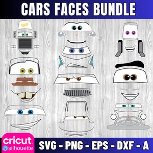 May include: A digital design bundle featuring various car faces with different eye and mouth expressions. The text "CARS FACES BUNDLE" is at the top. The bottom of the image includes the text "SVG - PNG - EPS - DXF - A" and the Cricut and Silhouette logos.