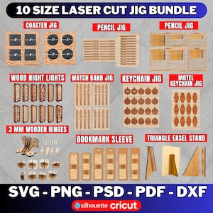 Puede incluir: Una colección de plantillas de madera cortadas con láser, que incluyen plantillas para posavasos, lápices, correas de reloj y llaveros. La imagen también presenta luces nocturnas de madera, fundas para marcapáginas y un caballete triangular. El texto "10 SIZE LASER CUT JIG BUNDLE" está en la parte superior.