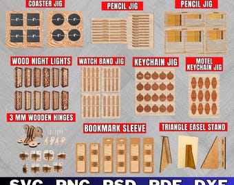 May include: A collection of laser-cut wooden jigs, including coaster, pencil, watch band, and keychain jigs. The image also features wood night lights, bookmark sleeves, and a triangle easel stand. The text "10 SIZE LASER CUT JIG BUNDLE" is at the top.
