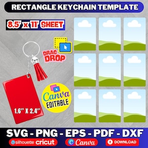 May include: Red rectangle keychain template with a silver keyring and red tassel. The keychain measures 1.6" x 2.4". The image includes the text "Rectangle Keychain Template", "8.5 x 11 Sheet", "Drag & Drop", and "Canva Editable".