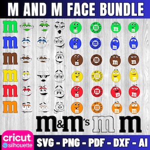 Puede incluir: Un paquete de diseño digital con varios personajes de M&M's con diferentes expresiones faciales. El diseño incluye las letras "M" en múltiples colores y el texto "M AND M FACE BUNDLE". La imagen también incluye el texto "SVG - PNG - PDF - DXF - AI".