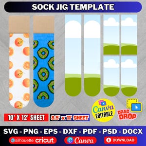 Może przedstawiać: Szablon szablonu do skarpet z tekstem "SOCK JIG TEMPLATE". Szablon zawiera projekty skarpet z plasterkami pomarańczy, pączkami i scenami krajobrazowymi. Obraz zawiera również tekst "10' X 12' SHEET", "8.5' X 11' SHEET", "Canva EDITABLE" i "DRAG DROP".