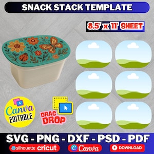 May include: A snack stack template with a floral design on the lid. The lid features orange flowers, a butterfly, and a ladybug. The template includes editable Canva elements and is available in SVG, PNG, DXF, PSD, and PDF formats.