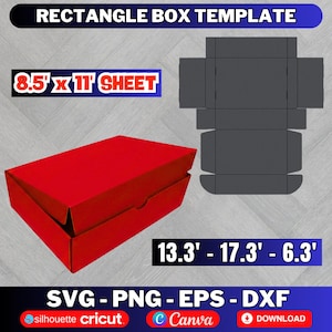 Puede incluir: Una plantilla de caja rectangular roja con el texto "RECTANGLE BOX TEMPLATE" en la parte superior. La imagen incluye el texto "8.5' x 11' SHEET" y "13.3' - 17.3' - 6.3'". La imagen también incluye el texto "SVG - PNG - EPS - DXF".