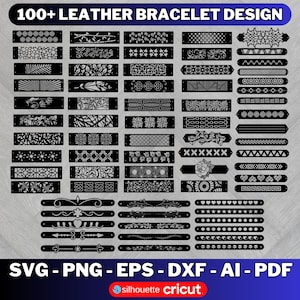 以下が含まれることがあります： 黒色の革製ブレスレットのデザイン100種類以上のコレクション。さまざまなパターンとスタイルが特徴です。デザインには、花柄、幾何学模様、抽象的な形が含まれます。画像には「100+ LEATHER BRACELET DESIGN」というテキストとファイル形式のオプションも含まれています。