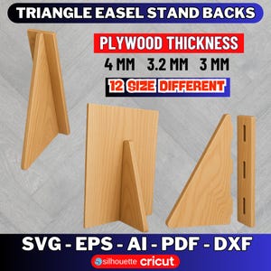 Puede incluir: Soportes traseros de caballete triangular de madera. La imagen muestra múltiples vistas de los respaldos del caballete, incluyendo una vista frontal, una vista lateral y piezas desmontadas. El grosor de la madera contrachapada es de 4 mm, 3,2 mm y 3 mm. El texto indica 12 tamaños diferentes.