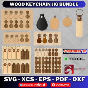 May include: A wood keychain jig bundle with various shapes and designs. Includes keychains with leather and wood accents, along with templates for cutting. The text "WOOD KEYCHAIN JIG BUNDLE" and file type formats are visible.