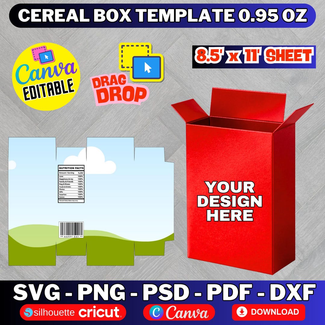 Cereal Box Template SVG, DIY Party Favor, Canva Editable (digital
