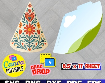 May include: A party hat template with a floral design in red, orange, and green. The text "PARTY HAT TEMPLATE" is at the top. The image includes the text "Canva EDITABLE", "DRAG DROP", and "8.5' x 11' SHEET".