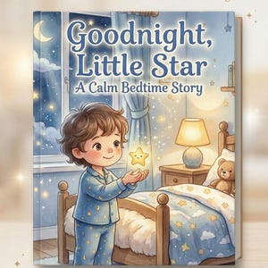 May include: A children's book cover titled "Goodnight, Little Star" with a watercolor illustration. The image features a young child in blue pajamas holding a glowing star. The background shows a bedroom scene with a bed, a lamp, and a window with a moon.