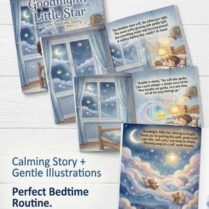 May include: A children's book titled "Goodnight, Little Star" with illustrations of a bedroom scene with a moon and stars. The book's pages show a child in bed with a teddy bear and a star. Text on the cover reads "A Calm Bedtime Story."