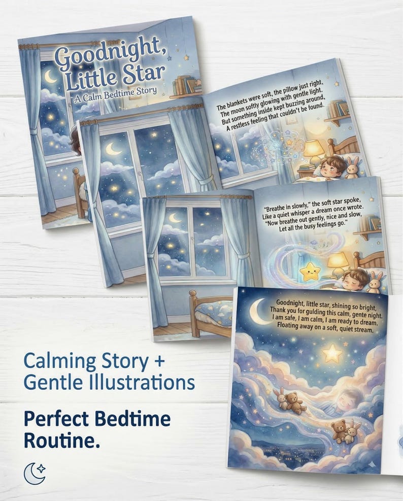 May include: A children's book titled "Goodnight, Little Star" with illustrations of a bedroom scene with a moon and stars. The book's pages show a child in bed with a teddy bear and a star. Text on the cover reads "A Calm Bedtime Story."