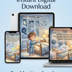 May include: Digital download of a children's bedtime story, "Goodnight, Little Star," displayed on a tablet, phone, and laptop. The image features a boy in pajamas holding a star, with text that reads "Read Anytime, Anywhere."