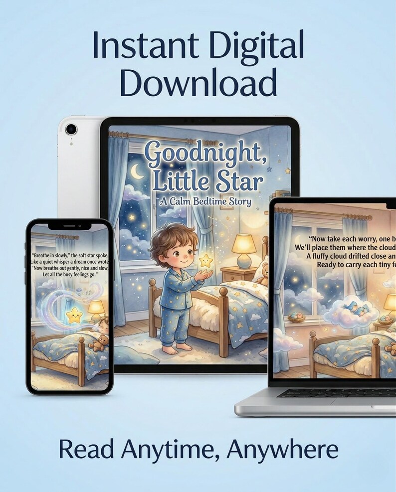 May include: Digital download of a children's bedtime story, "Goodnight, Little Star," displayed on a tablet, phone, and laptop. The image features a boy in pajamas holding a star, with text that reads "Read Anytime, Anywhere."