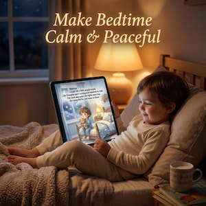 May include: A child in pajamas reads a tablet in bed, with the text "Make Bedtime Calm & Peaceful." The tablet displays an illustrated bedtime story. A cup and books are on the bedside table. The room is lit by a lamp and the moon.