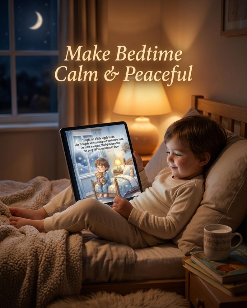 May include: A child in pajamas reads a tablet in bed, with the text "Make Bedtime Calm & Peaceful." The tablet displays an illustrated bedtime story. A cup and books are on the bedside table. The room is lit by a lamp and the moon.