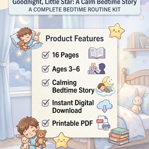 May include: A digital bedtime routine kit titled "Goodnight, Little Star: A Calm Bedtime Story." The image features a child's bedroom scene with illustrations of a child, a bunny, and a teddy bear. The kit includes a 16-page calming bedtime story for ages 3-6, available as an instant digital download and printable PDF.