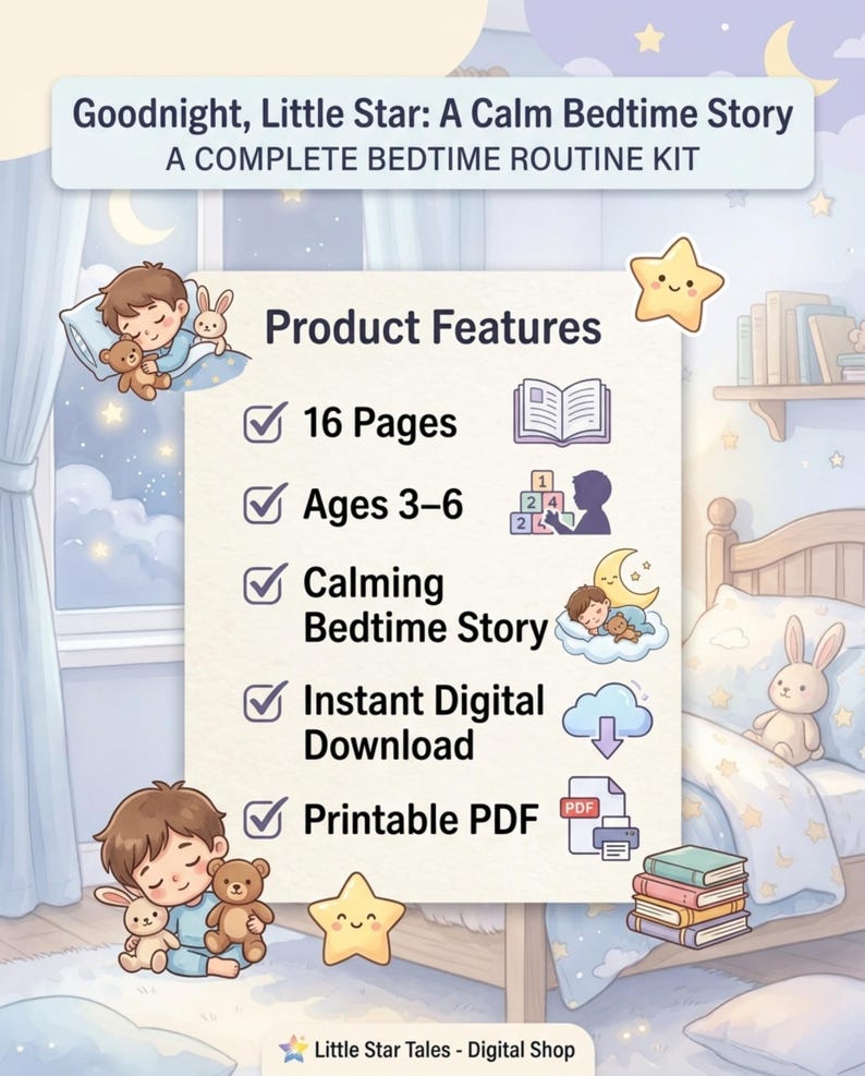 May include: A digital bedtime routine kit titled "Goodnight, Little Star: A Calm Bedtime Story." The image features a child's bedroom scene with illustrations of a child, a bunny, and a teddy bear. The kit includes a 16-page calming bedtime story for ages 3-6, available as an instant digital download and printable PDF.
