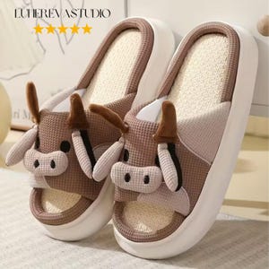 Cute Cow Slippers for Women & Men, 3D Cow Plush Open-Toe Slippers, Cozy Linen Cotton Indoor Non-Slip Slippers, Warm Cartoon Animal