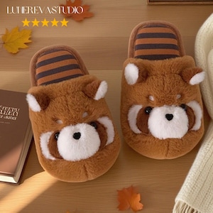 Raccoon Plush Slippers | Furry Winter House Shoes