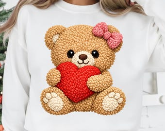 Faux Yarn Valentine's Day Teddy Bear Png, Coquette Valentines Png Heart Design