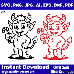 May include: A black and white and a red illustration of a cartoon Krampus character holding a candy cane. The character has horns, a tail, and is sticking out its tongue. Text at the top says "SVG, PNG, JPG, AI, EPS, DXF, PDF". Text at the bottom says "Instant Download, High quality vector art, Christmas Mini Krampus".