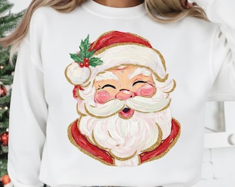 Hand-painted Retro Santa Christmas Png, Preppy Brushstroke Christmas Png Vintage Merry Christmas PNG, Holiday Sublimation Digital Download
