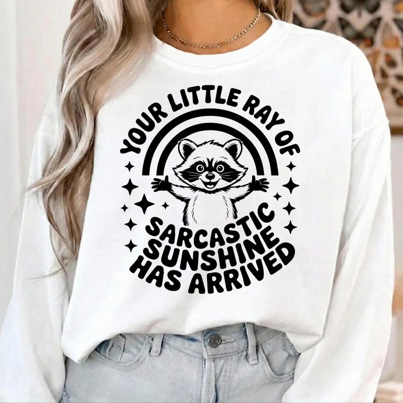 May include: White sweatshirt with a graphic of a raccoon inside a rainbow, with the text "YOUR LITTLE RAY OF SARCASTIC SUNSHINE HAS ARRIVED" in a black, circular design. The raccoon has its arms open.