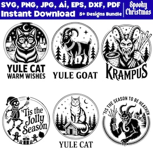 Peut inclure: Ensemble de motifs numériques en noir et blanc, avec un chat, une chèvre et Krampus, avec les textes "Yule Cat" et "Krampus". Téléchargement instantané, plus de 5 motifs.