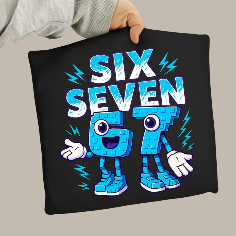 May include: Black square pillow with the words "SIX SEVEN" in white and light blue. The numbers 6 and 7 are cartoon characters with blue bodies, eyes, shoes, and white gloves. Blue lightning bolt graphics surround the numbers.