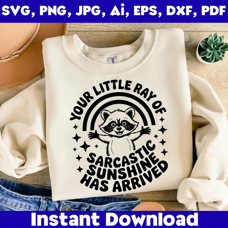 May include: Cream-colored sweatshirt with a raccoon graphic and the text "Your Little Ray of Sarcastic Sunshine Has Arrived." The design includes a rainbow and stars. The words "Instant Download" are at the bottom.