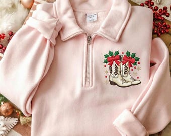 Botas vaqueras navideñas PNG, diseño de sublimación con bordado falso estilo western, sudadera navideña, descarga de archivos digitales, impresiones en PDF