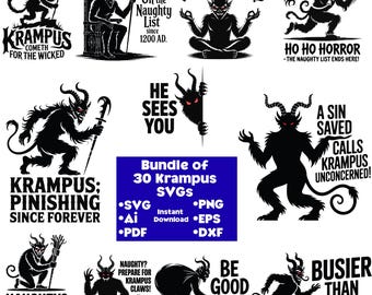 30 Krampus SVG Bundle Horror Christmas Cut Files Creepy Holiday Clipart Naughty List Monster Silhouette Gothic Vector Designs for Cricut PNG
