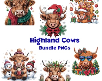 Christmas Highland Cow Png Bundle, Christmas PNG, Set of 6 Highland Cow Png, Cute Christmas Cows, Christmas Clipart, Highland Cow Png