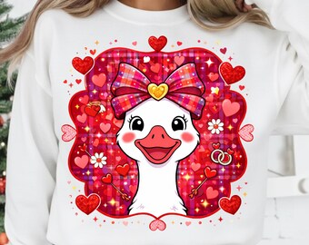 Preppy Valentines Goose PNG, Valentine Love Coquette Goose Tshirt PNG, Carino e adorabile design a sublimazione di un'oca