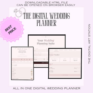 Op de afbeelding: Een digitale huwelijksplanner met een lichtroze achtergrond. De planner bevat een budgettracker, checklist en andere planningstools. Tekst bevat "The Digital Wedding Planner", "Best Price" en "All in One Digital Wedding Planner".