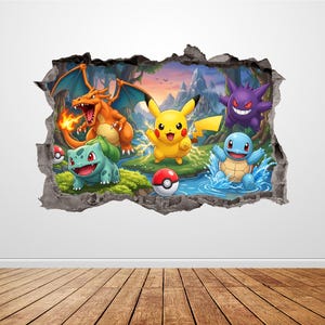 May include: A wall decal featuring a 3D-style hole effect displaying a vibrant forest scene with Pikachu, Charizard, Bulbasaur, Squirtle, and Gengar. The characters are surrounded by trees, mountains, water, and red and white Poké Ball spheres.