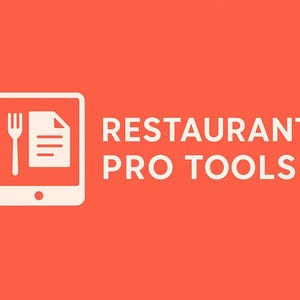 May include: A white tablet icon with a fork and document symbol, set against a coral background. The text "RESTAURANT PRO TOOLS" is displayed in white, indicating a business or service related to the restaurant industry.